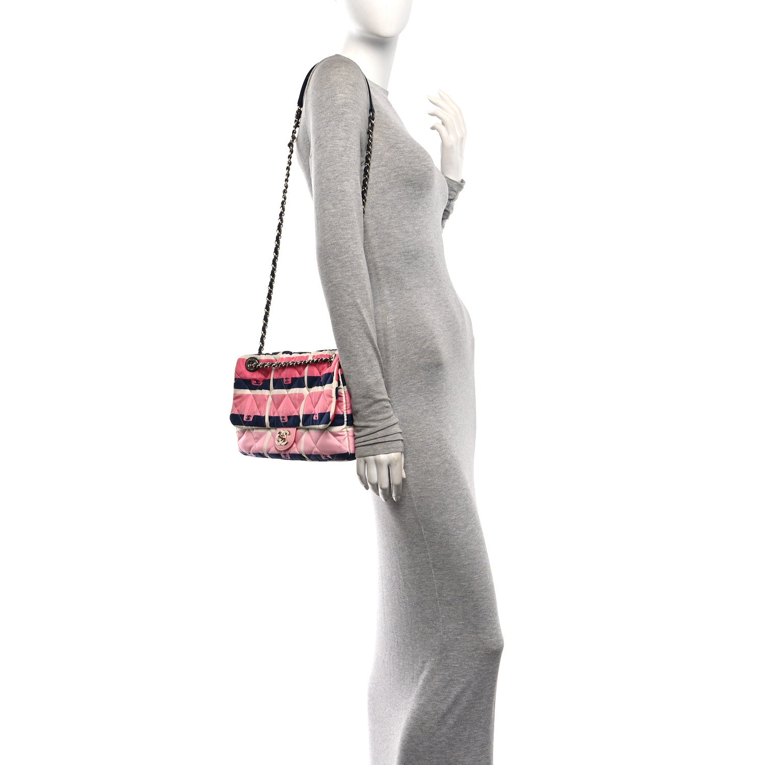 Chanel Nylon Printed Medium Flap Pink Navy White 2 of 10