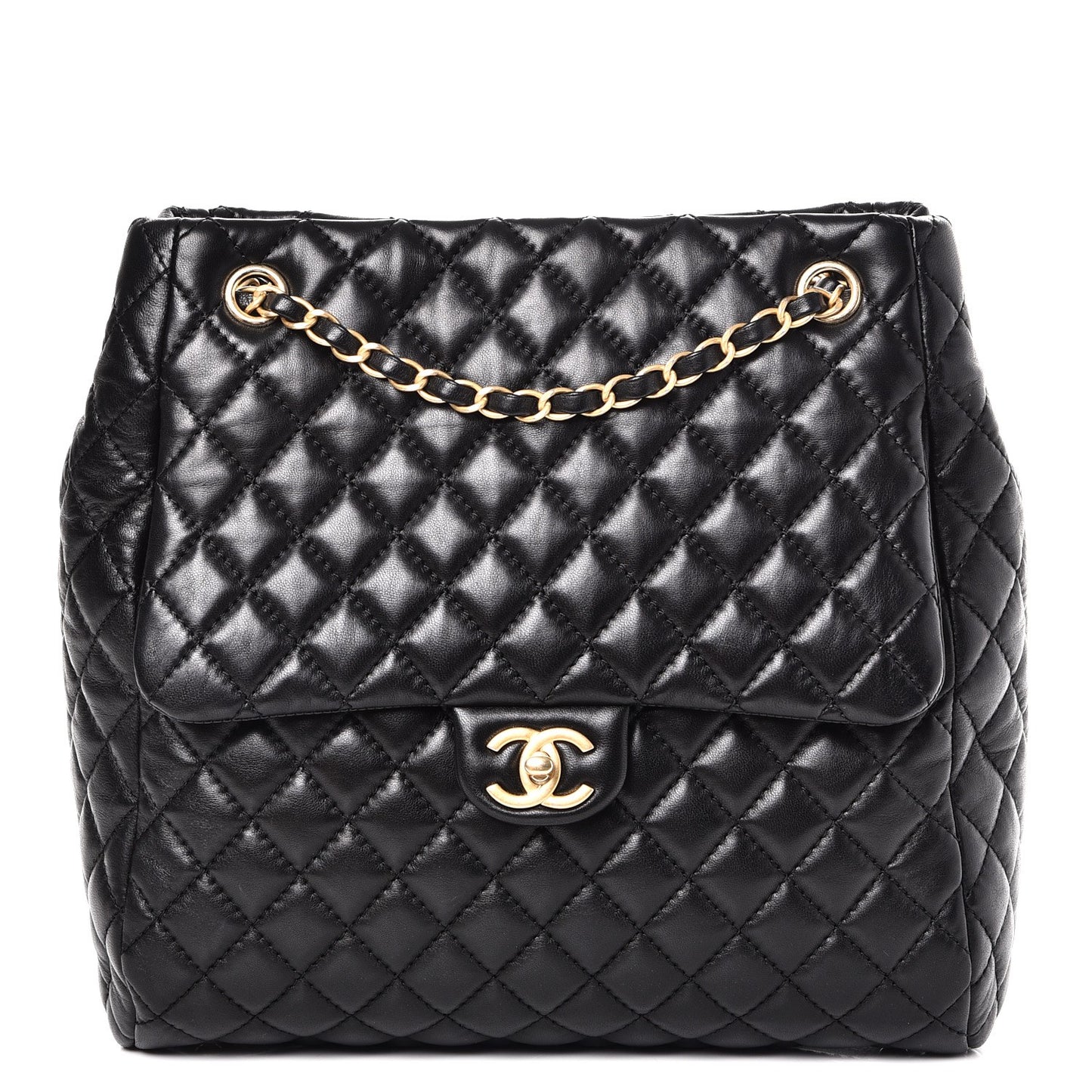 Lambskin Quilted Large Fluffy CC Shopping Tote Black