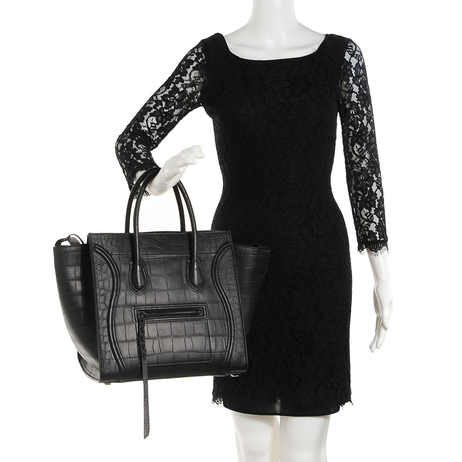 Celine Crocodile Embossed Calfskin Medium Phantom Luggage Black 2 of 8