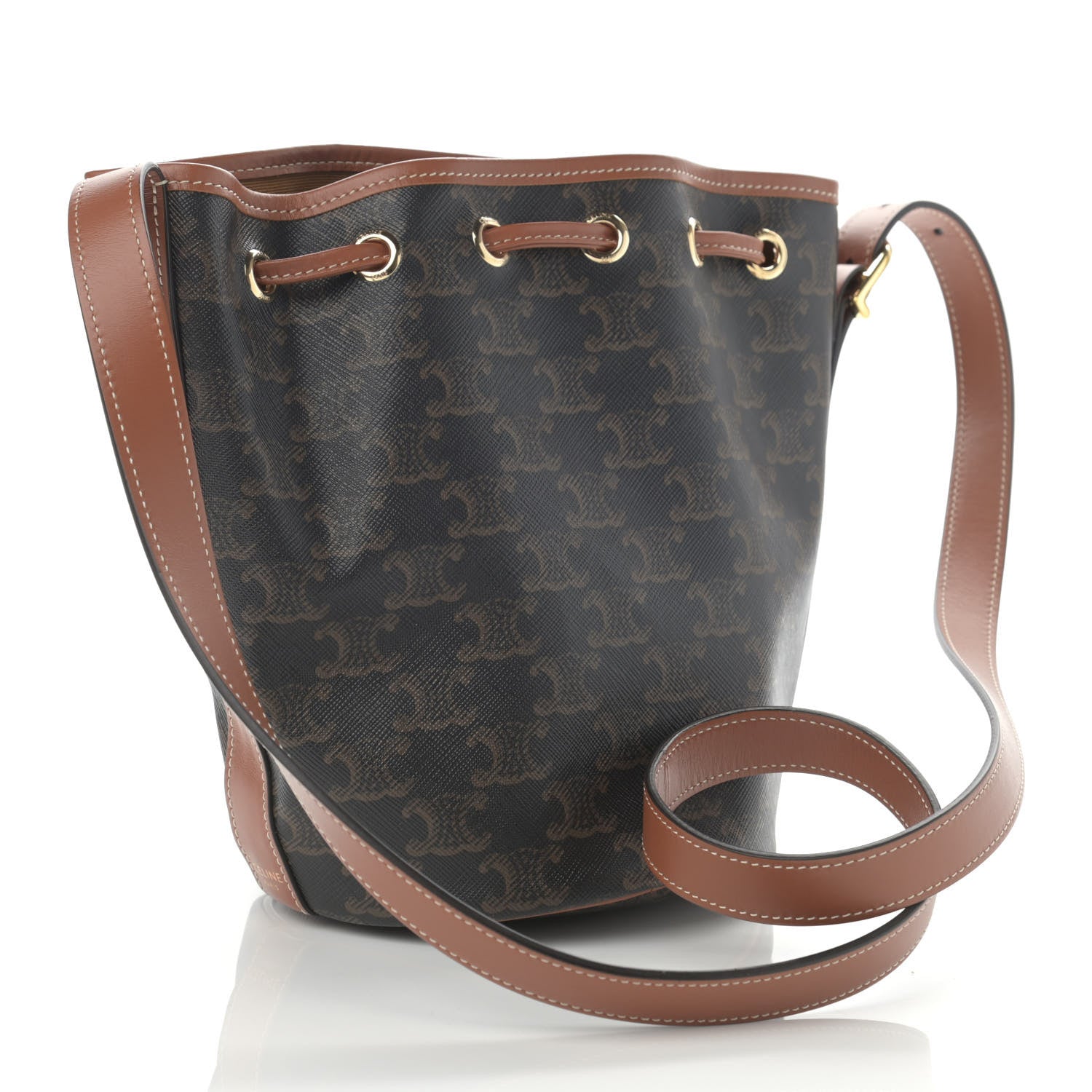 Celine Triomphe Canvas Calfskin Small Drawstring Bucket Bag Tan 3 of 11