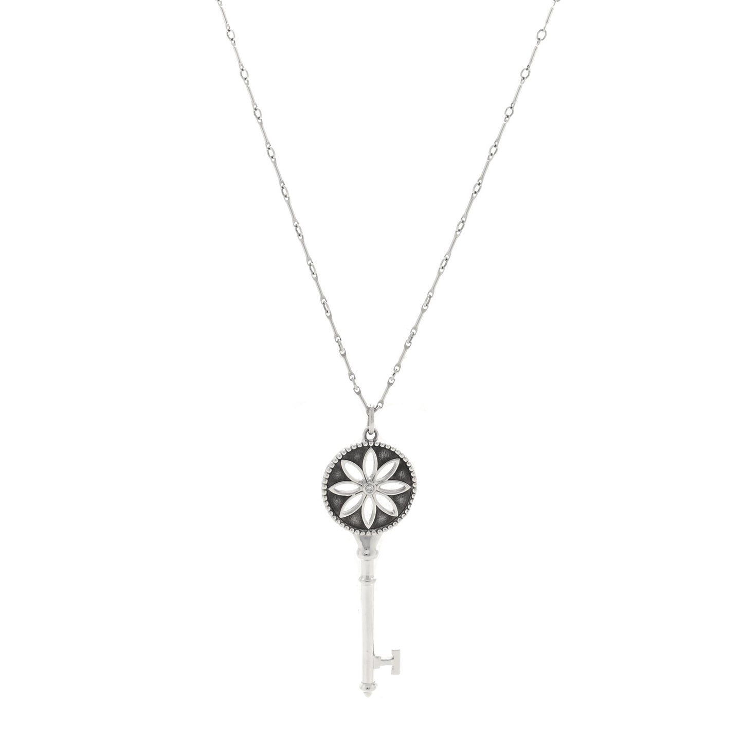 Sterling Silver Diamond Large Daisy Key Pendant Link Necklace