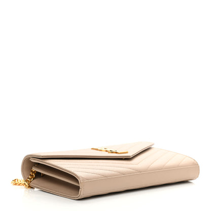 Saint Laurent Grain De Poudre Matelasse Chevron Monogram Chain Wallet Dark Beige 3 of 11