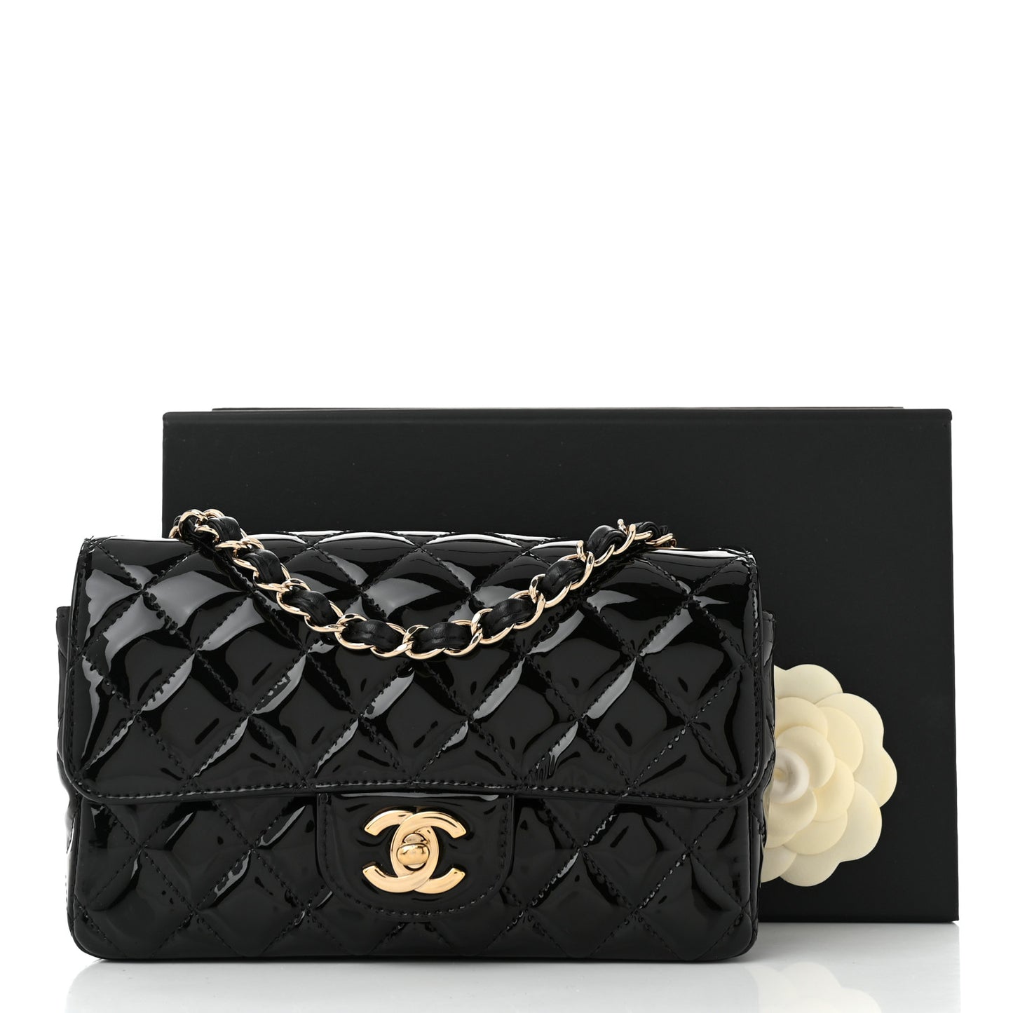 Patent Calfskin Quilted Mini Rectangular Flap Black