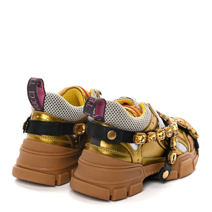 Gucci X SEGA Metallic Calfskin Mesh Removable Crystals Womens Flashtrek Sneakers 37 Oro Vecchio Mystic White Silver 4 of 10