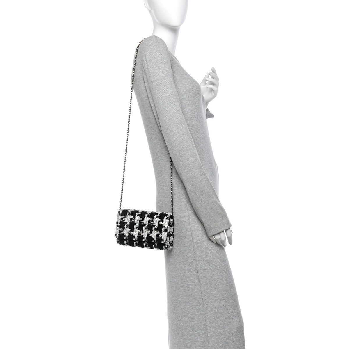 Tweed Quilted Wallet On Chain WOC Black Ecru White