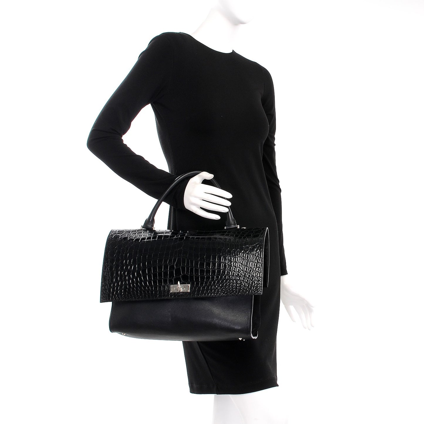 Calfskin Crocodile Embossed Medium Shark Lock Satchel Black
