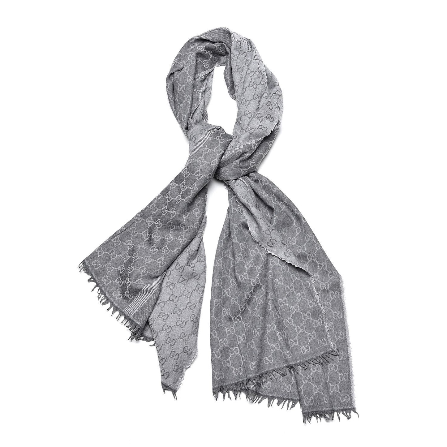 Wool Silk GG Monogram GGWeblong Fringe Scarf Shawl Pearl Medium Grey