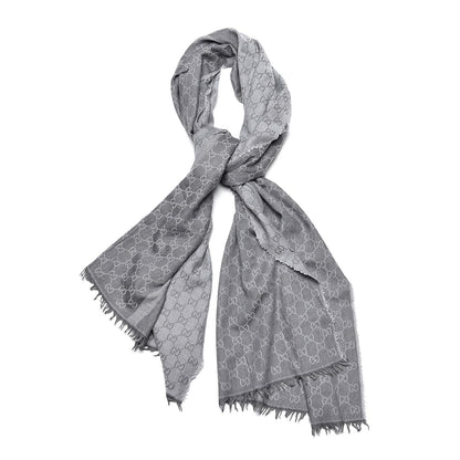 Gucci Wool Silk GG Monogram GGWeblong Fringe Scarf Shawl Pearl Medium Grey 1 of 3