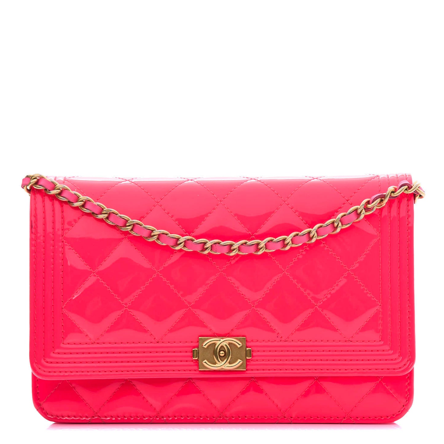 Patent Calfskin Quilted Boy Wallet On Chain WOC Pink