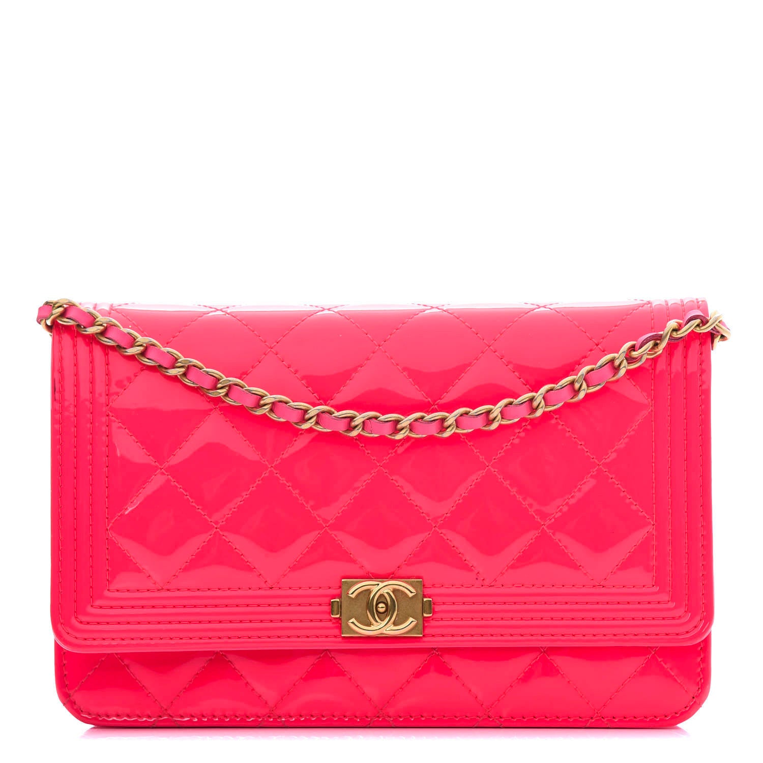 Chanel Patent Calfskin Quilted Boy Wallet On Chain WOC Pink 1 of 15