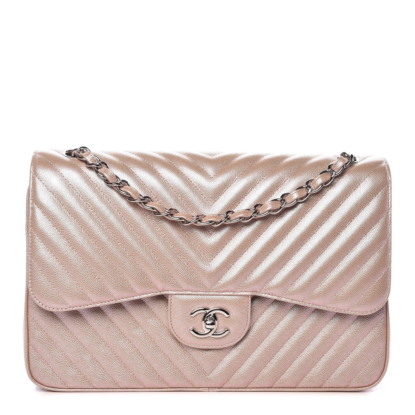 Metallic Caviar Chevron Quilted Jumbo Double Flap Light Gold