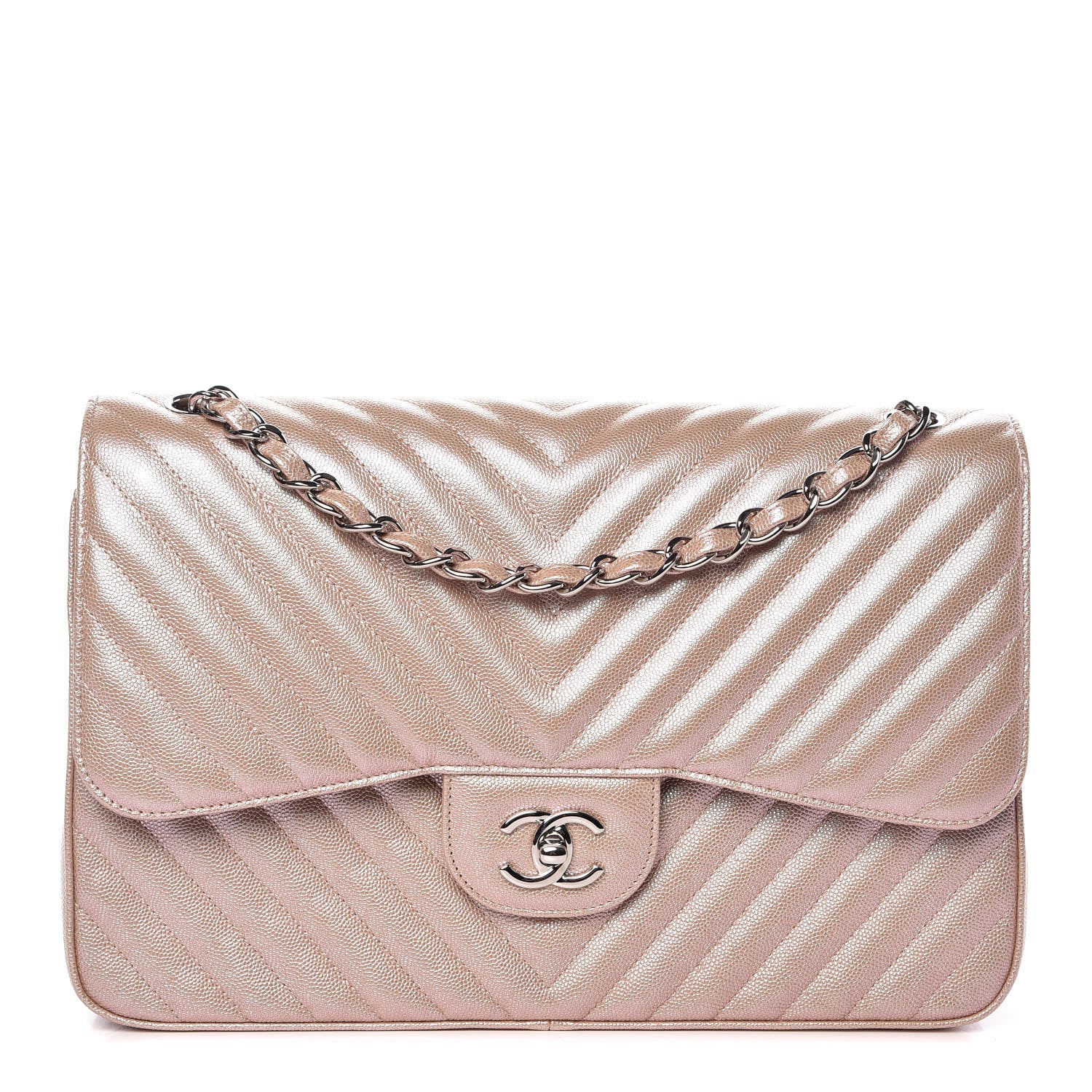 Chanel Metallic Caviar Chevron Quilted Jumbo Double Flap Light Gold 1 of 10