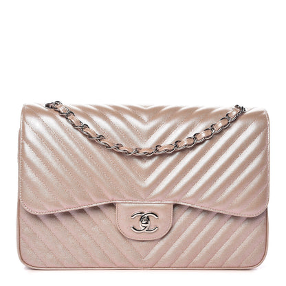Chanel Metallic Caviar Chevron Quilted Jumbo Double Flap Light Gold 1 of 10