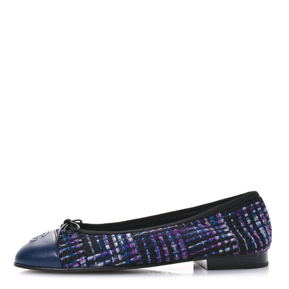 Chanel Wool Tweed Lambskin Cap Toe Ballerina Flats 37.5 Black Purple Blue White 1 of 9