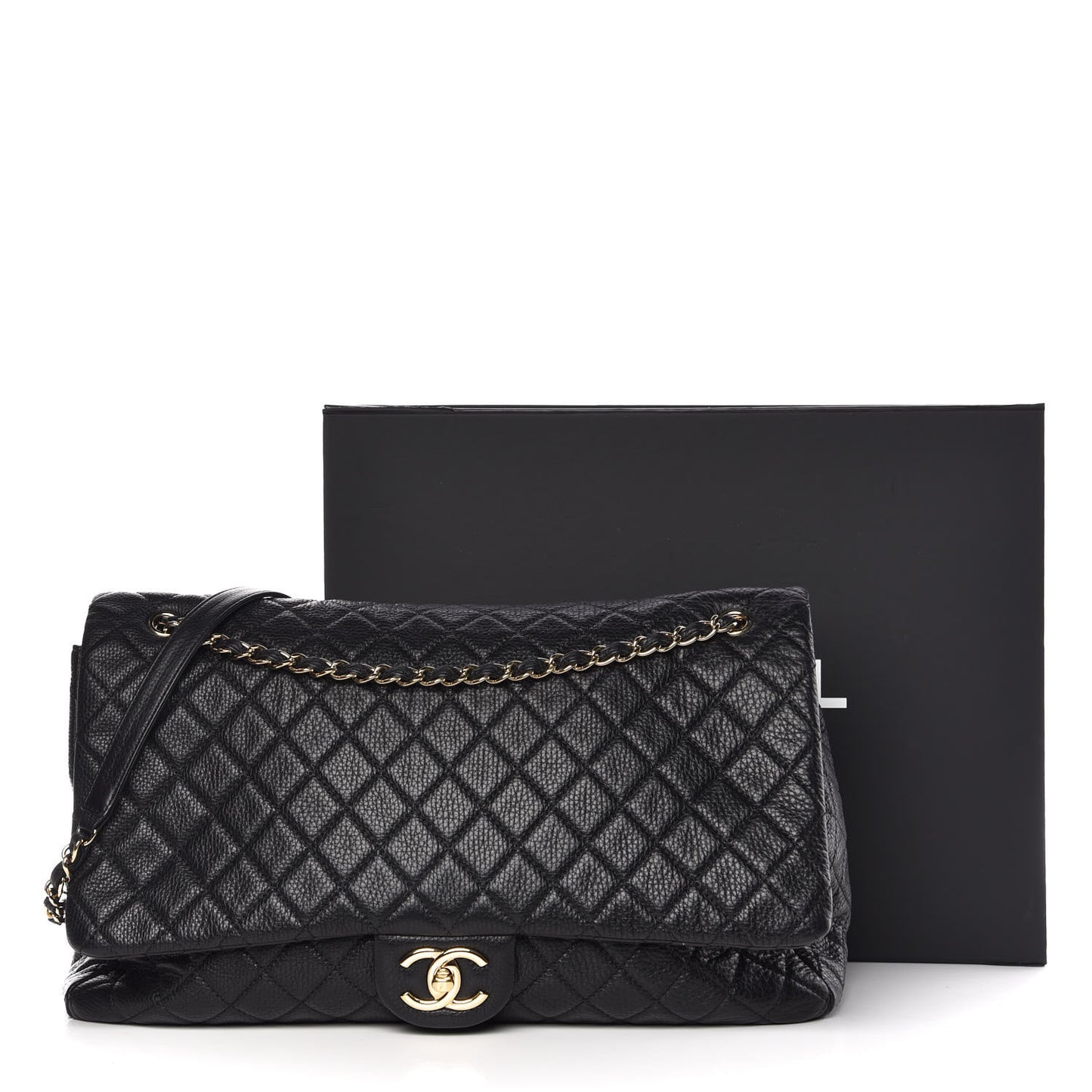 Calfskin Quilted XXL Travel Flap Bag Black