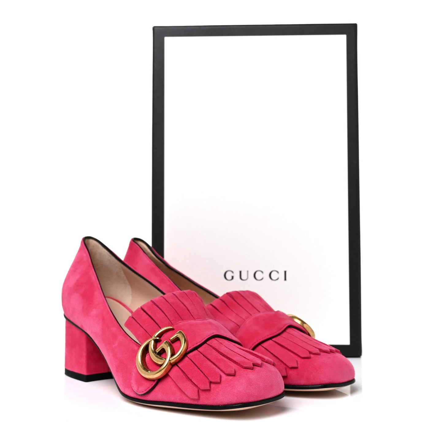 Kid Scamosciato GG Marmont Fringe 50mm Loafer Pumps 36 Hot Pink