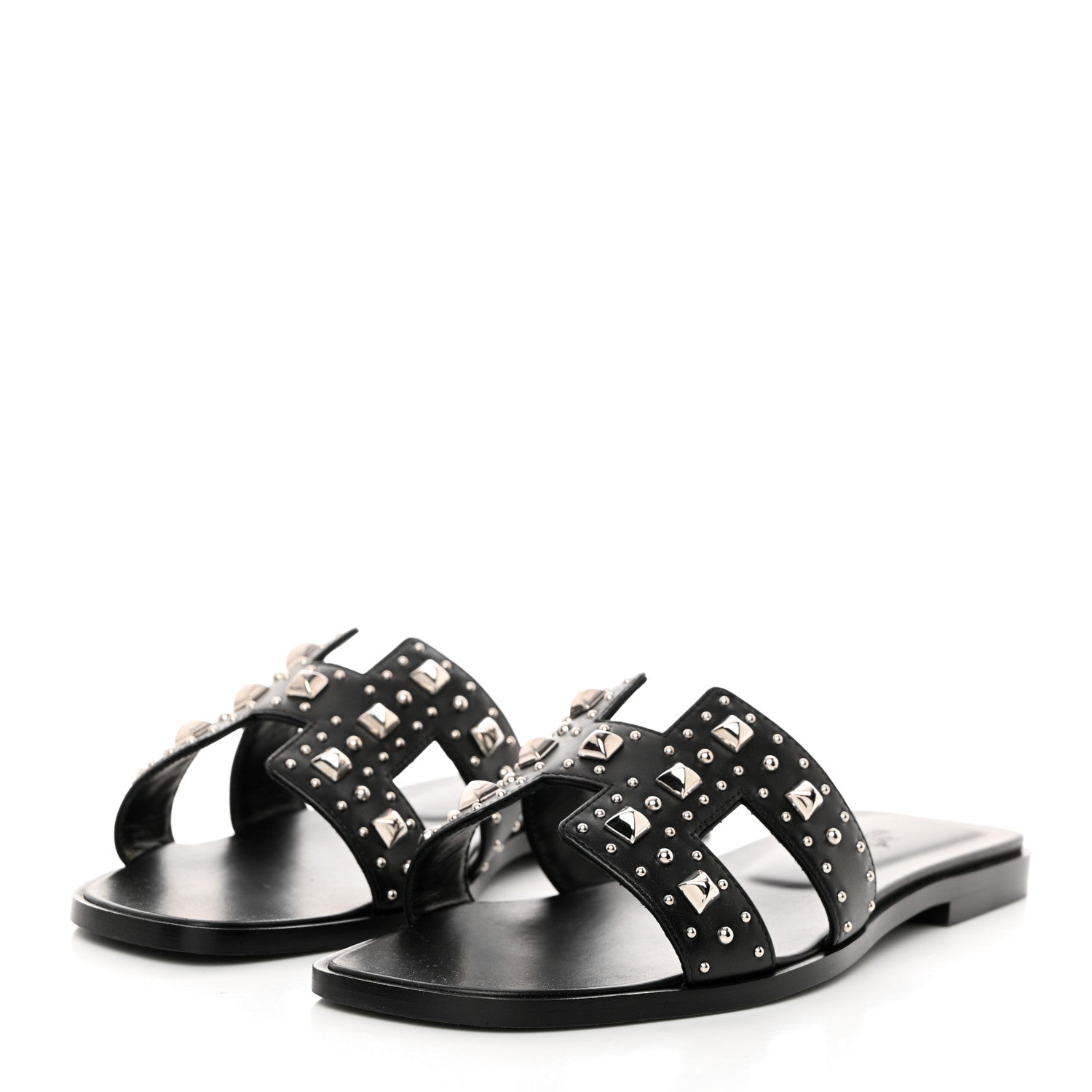 Hermes Calfskin Studded Oran Sandals 38 Black 3 of 9