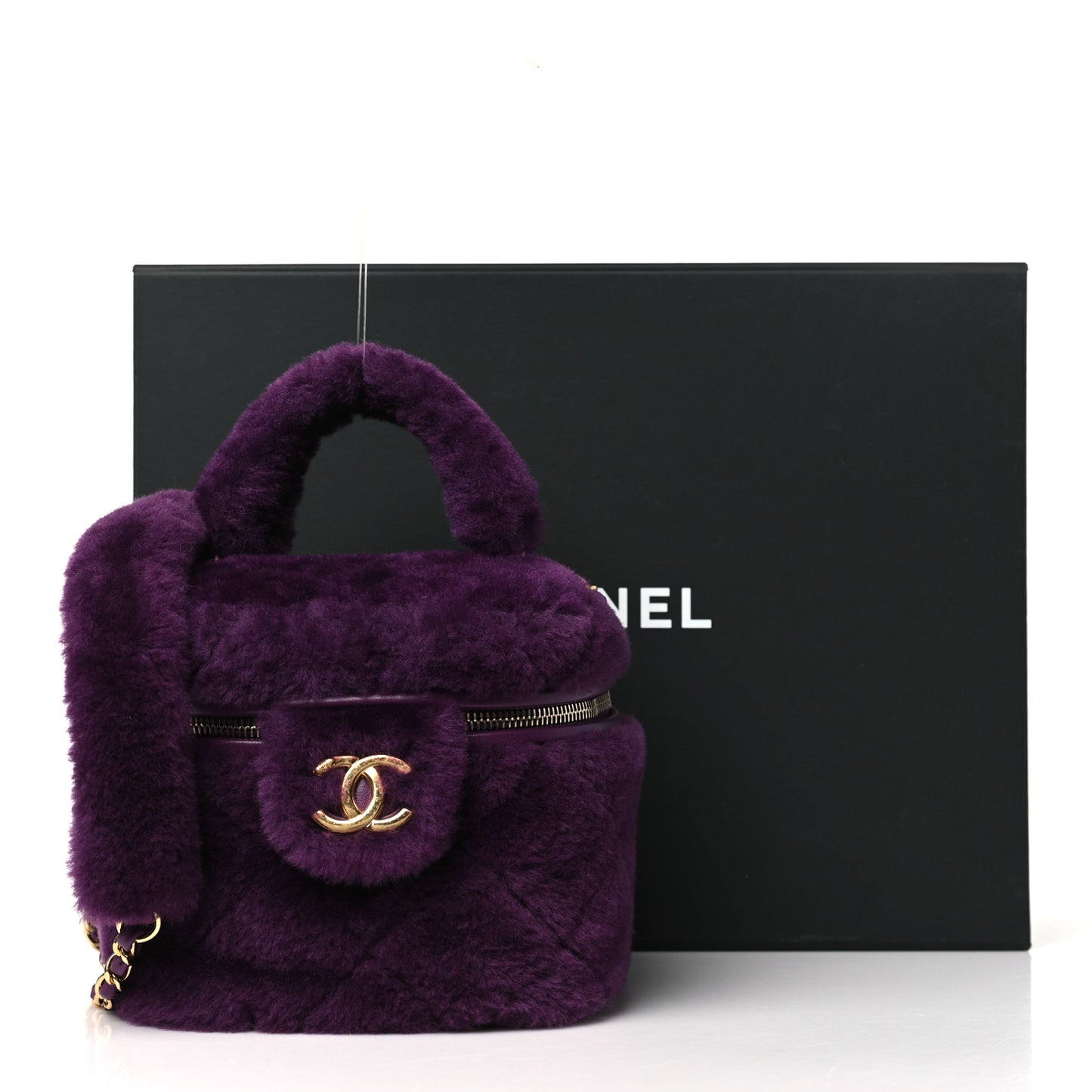 Shearling Lambskin Quilted Small Vanity Case Purple