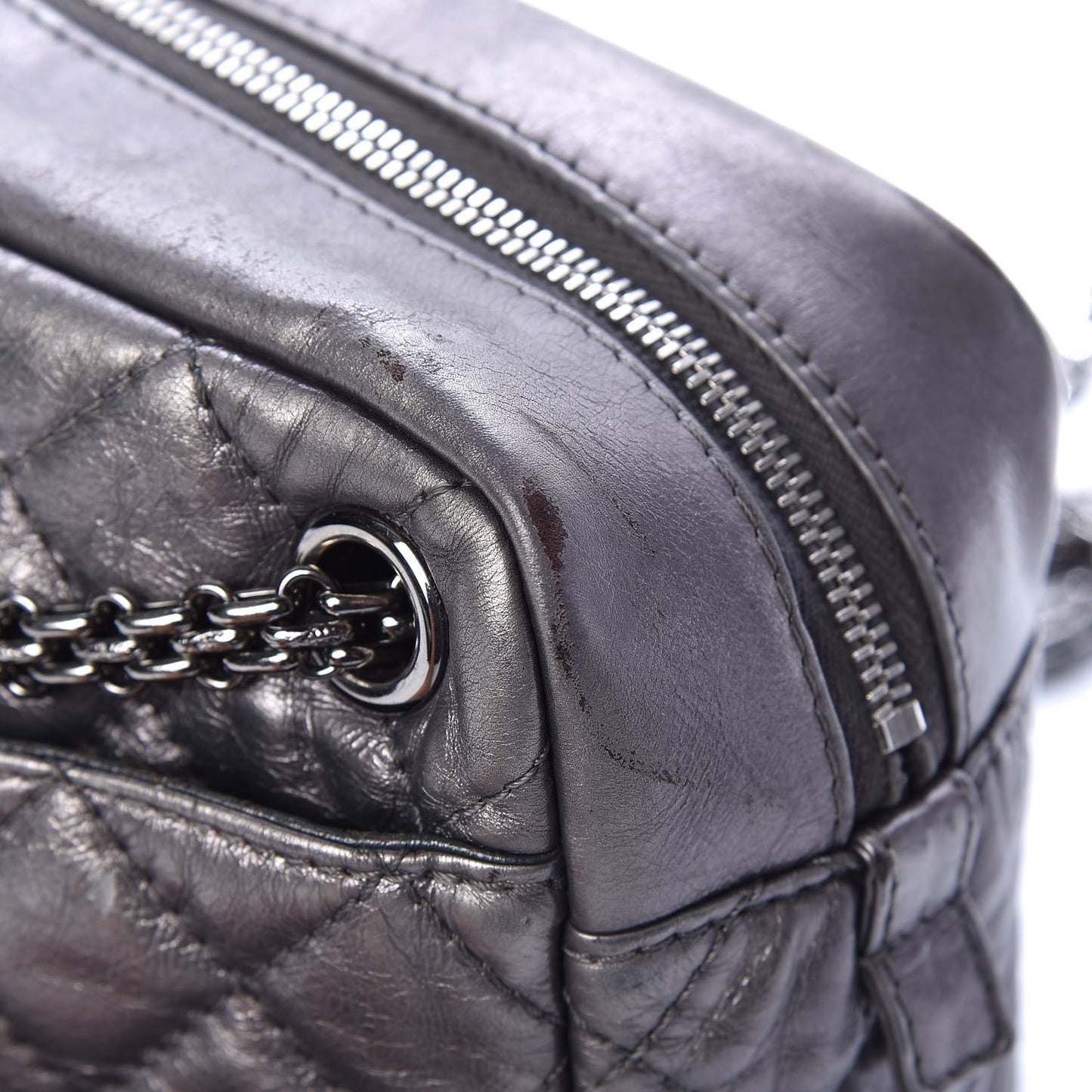 Metallic Aged Calfskin Quilted Medium Reissue Camera Case Dark Silver