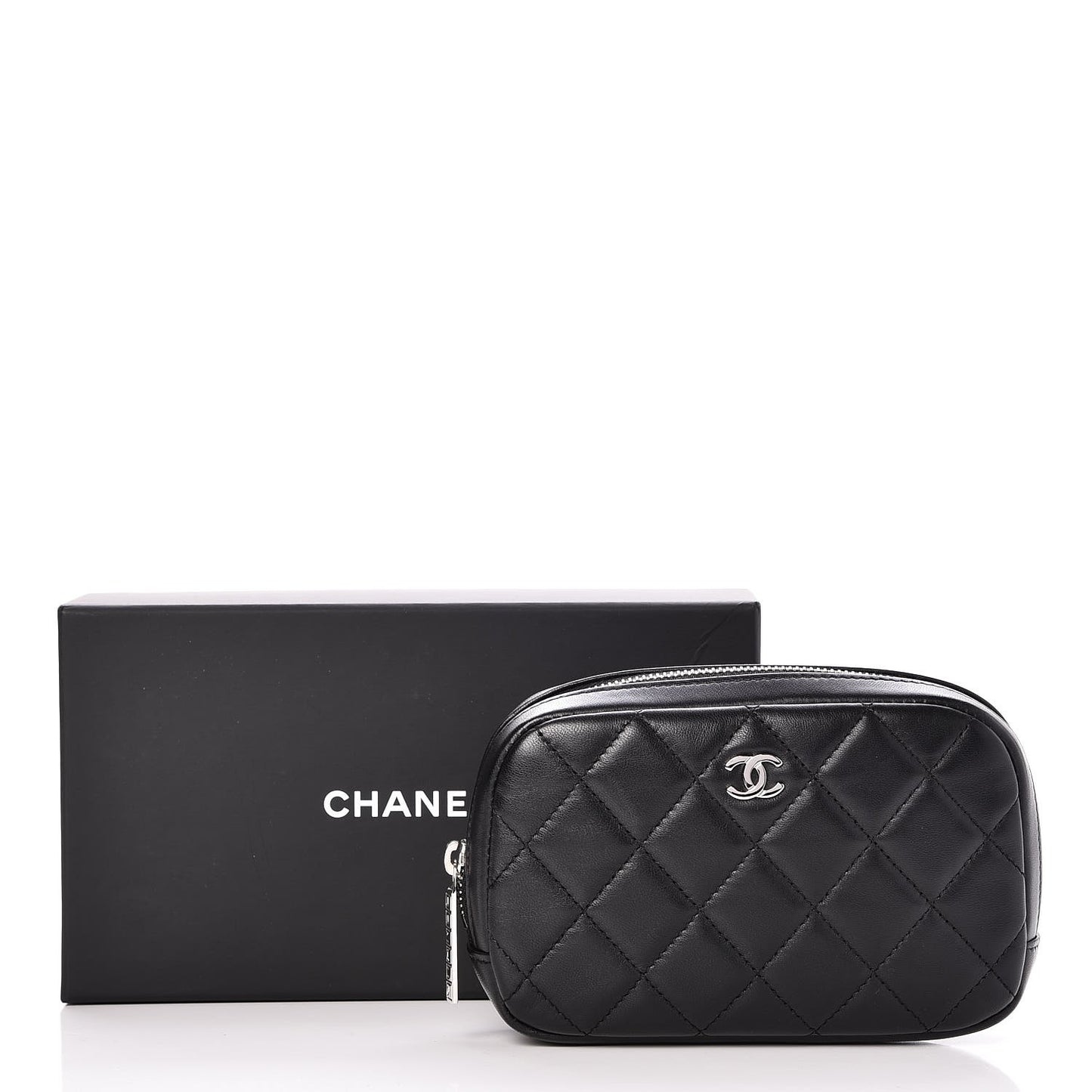 Lambskin Quilted Small Curvy Pouch Cosmetic Case Black