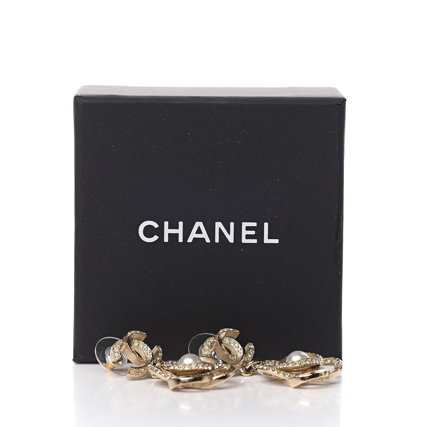 Crystal Pearl Camellia CC Drop Earrings Gold