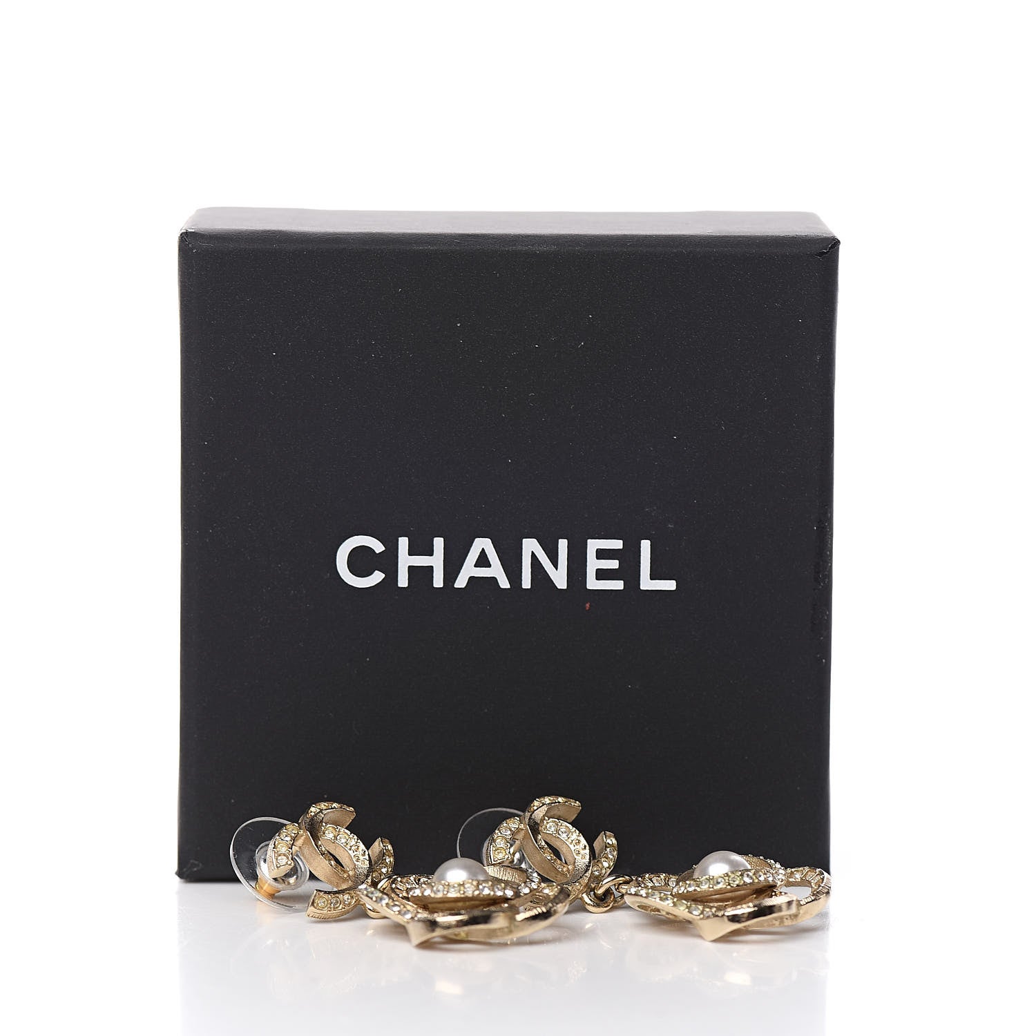 Chanel Crystal Pearl Camellia CC Drop Earrings Gold 5 of 5
