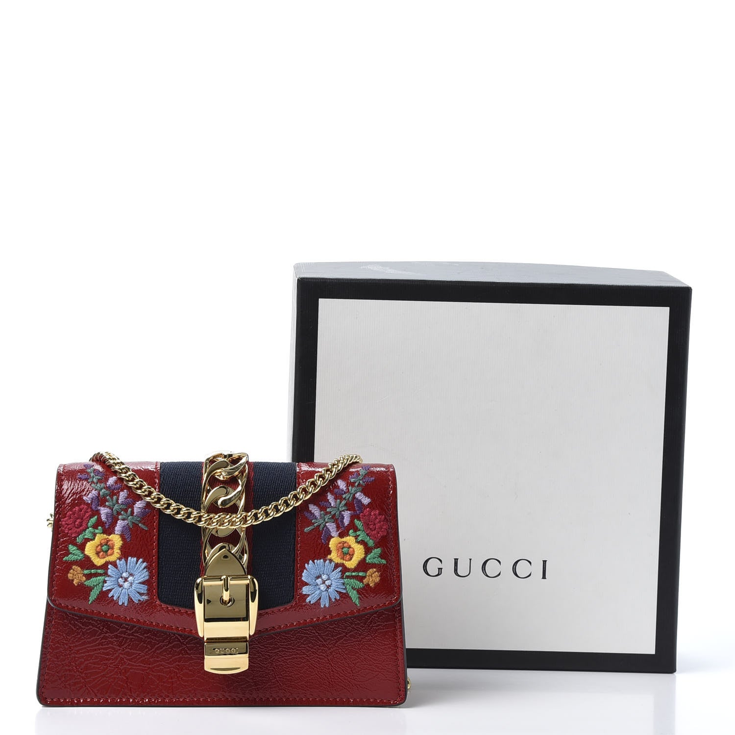 Gucci Patent Embroidered Super Mini Sylvie Chain Shoulder Bag Hibiscus Red 10 of 10