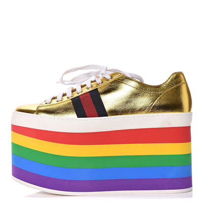 Gucci Metallic Nappa Peggy Platform Sneakers 37.5 Oro Vecchio 1 of 11
