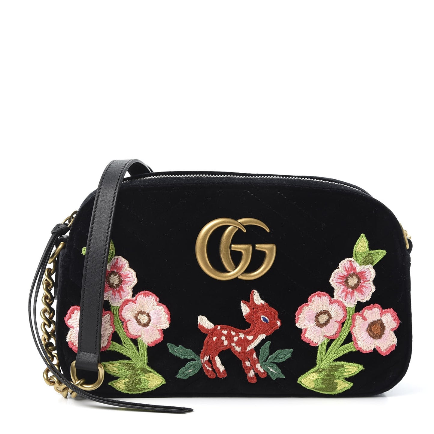Velvet Matelasse Deer Embroidered Small GG Marmont Chain Shoulder Bag Black