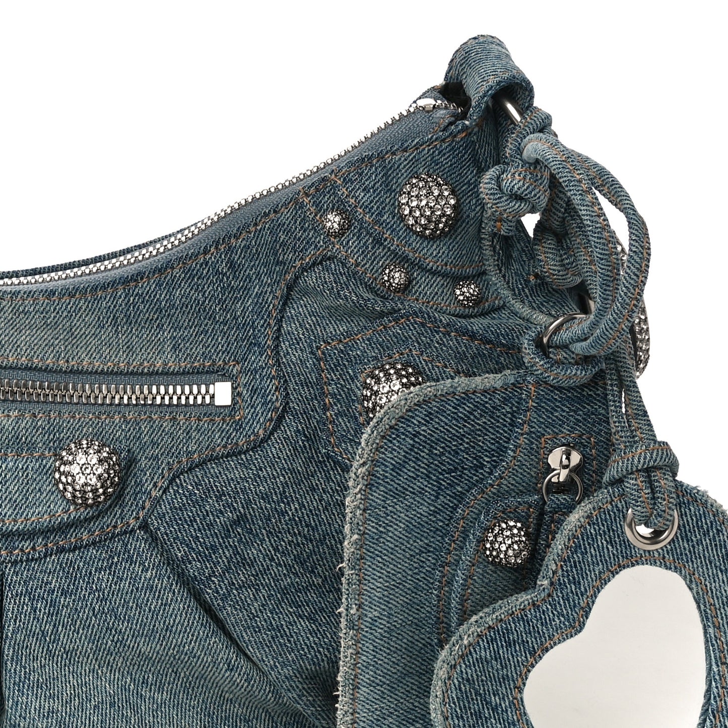 Washed Frayed Denim Crystal Small Le Cagole Shoulder Bag Blue