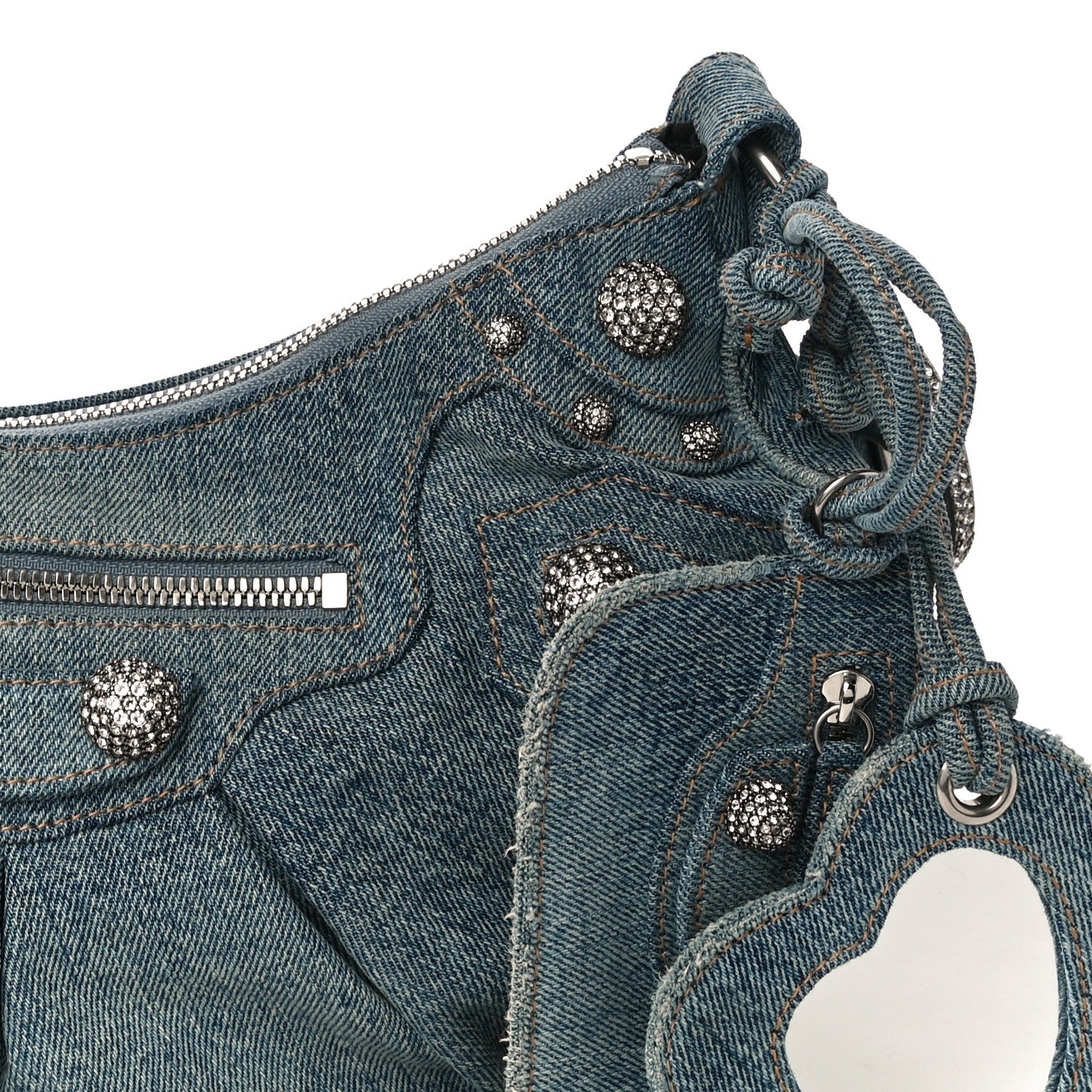 Balenciaga Washed Frayed Denim Crystal Small Le Cagole Shoulder Bag Blue 8 of 11