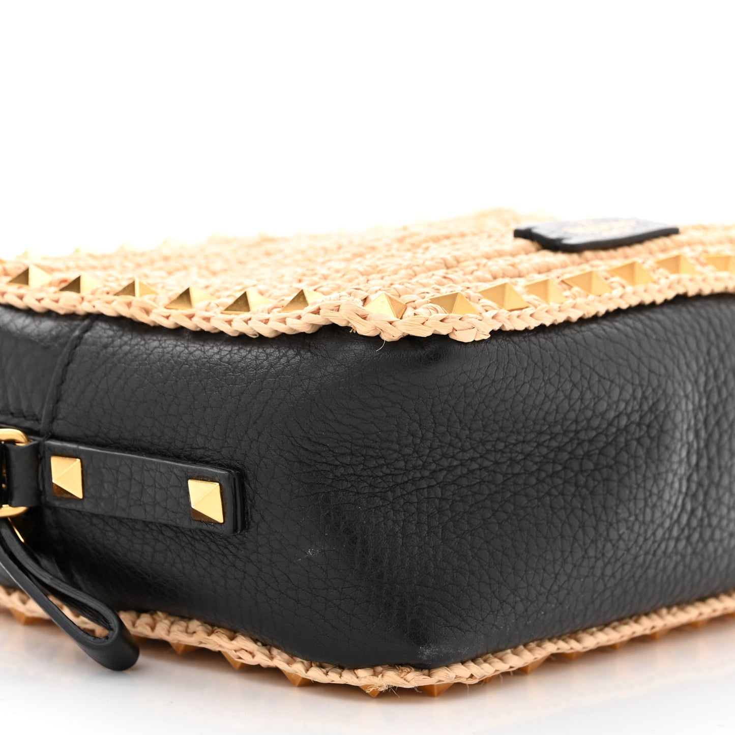 Straw Rockstud Camera Crossbody Bag Beige Black