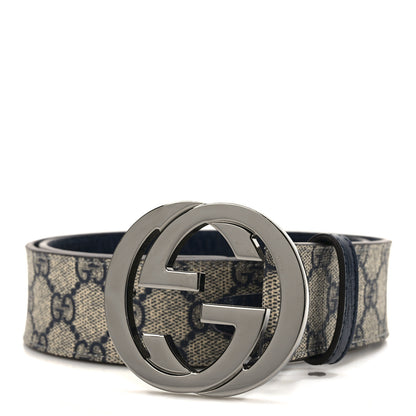 Gucci GG Supreme Monogram Selleria Calfskin Interlocking G 40mm Belt 80 32 Navy 1 of 4