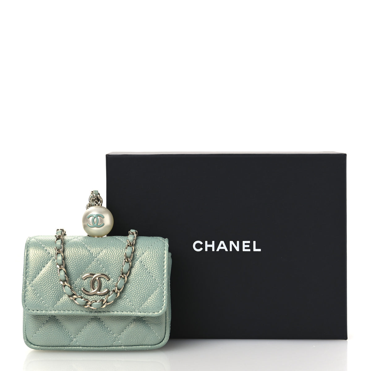 Chanel Iridescent Caviar Quilted Pearl On Top Coin Purse With Chain Light Green 12 of 12