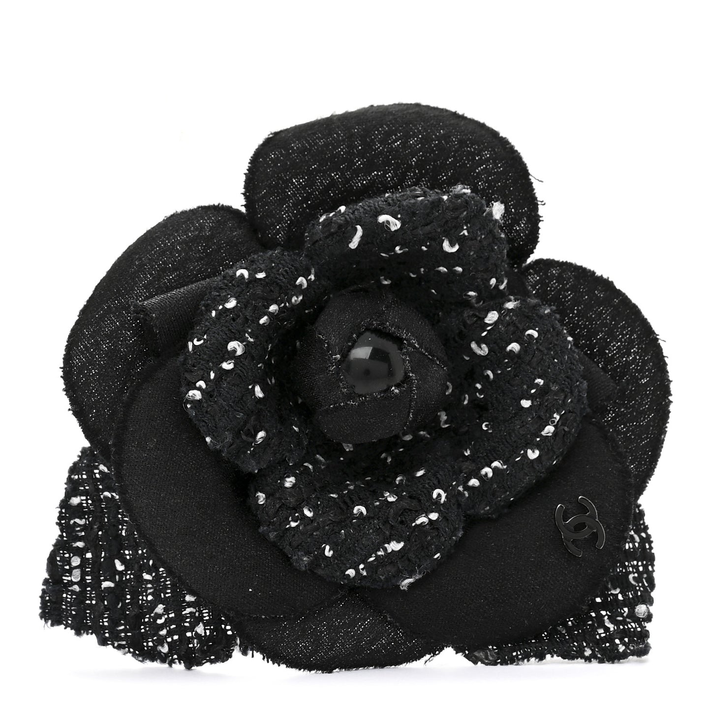 Tweed Camellia Pin Brooch Black White