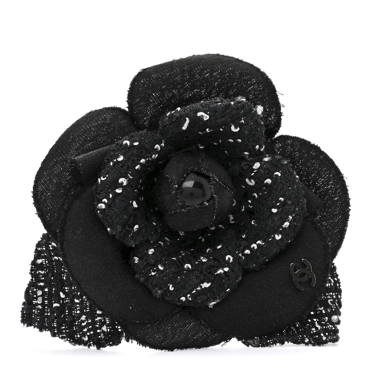 Chanel Tweed Camellia Pin Brooch Black White 1 of 3