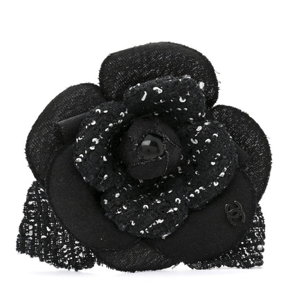 Chanel Tweed Camellia Pin Brooch Black White 1 of 3