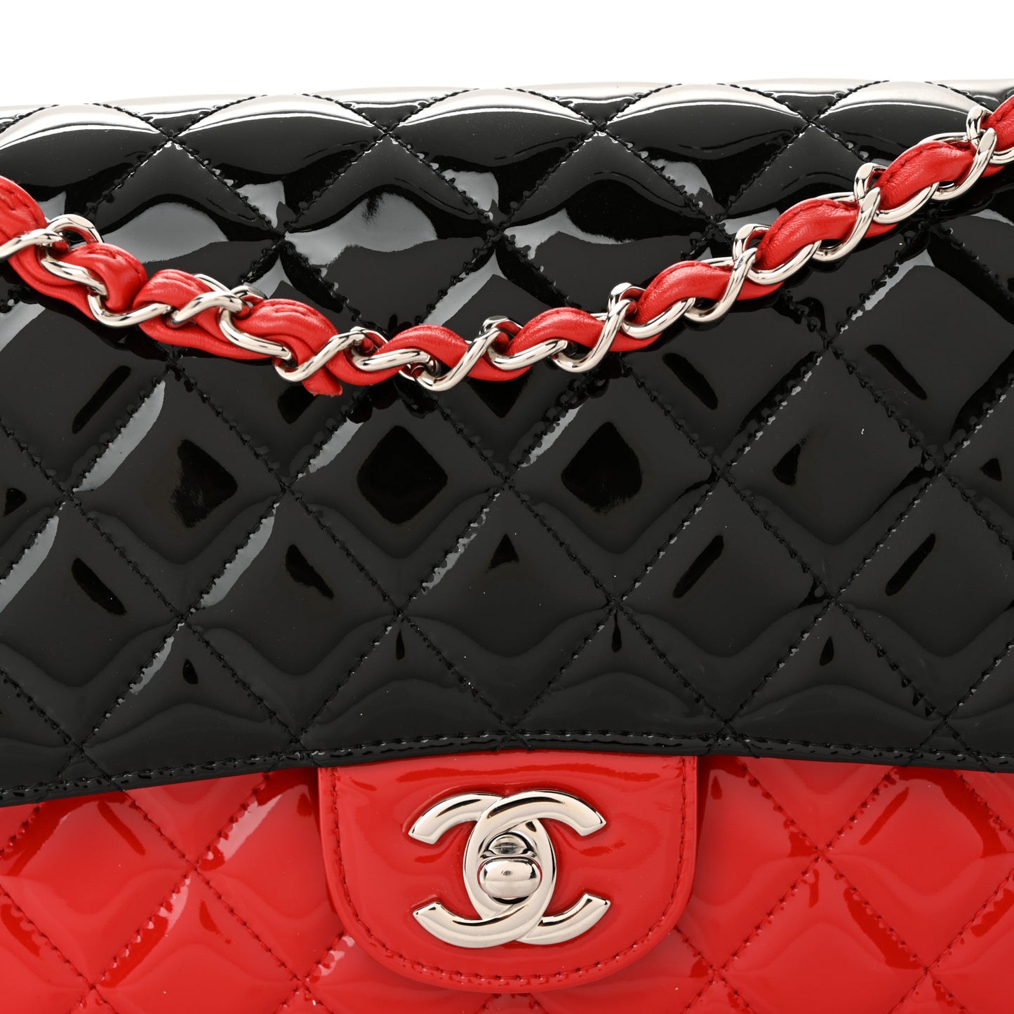 Patent Calfskin Quilted Bi-Color Medium Double Flap Black Red