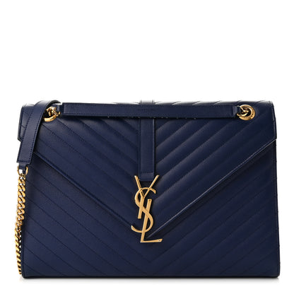 Saint Laurent Grain De Poudre Matelasse Chevron Large Monogram Satchel Navy Blue 1 of 10
