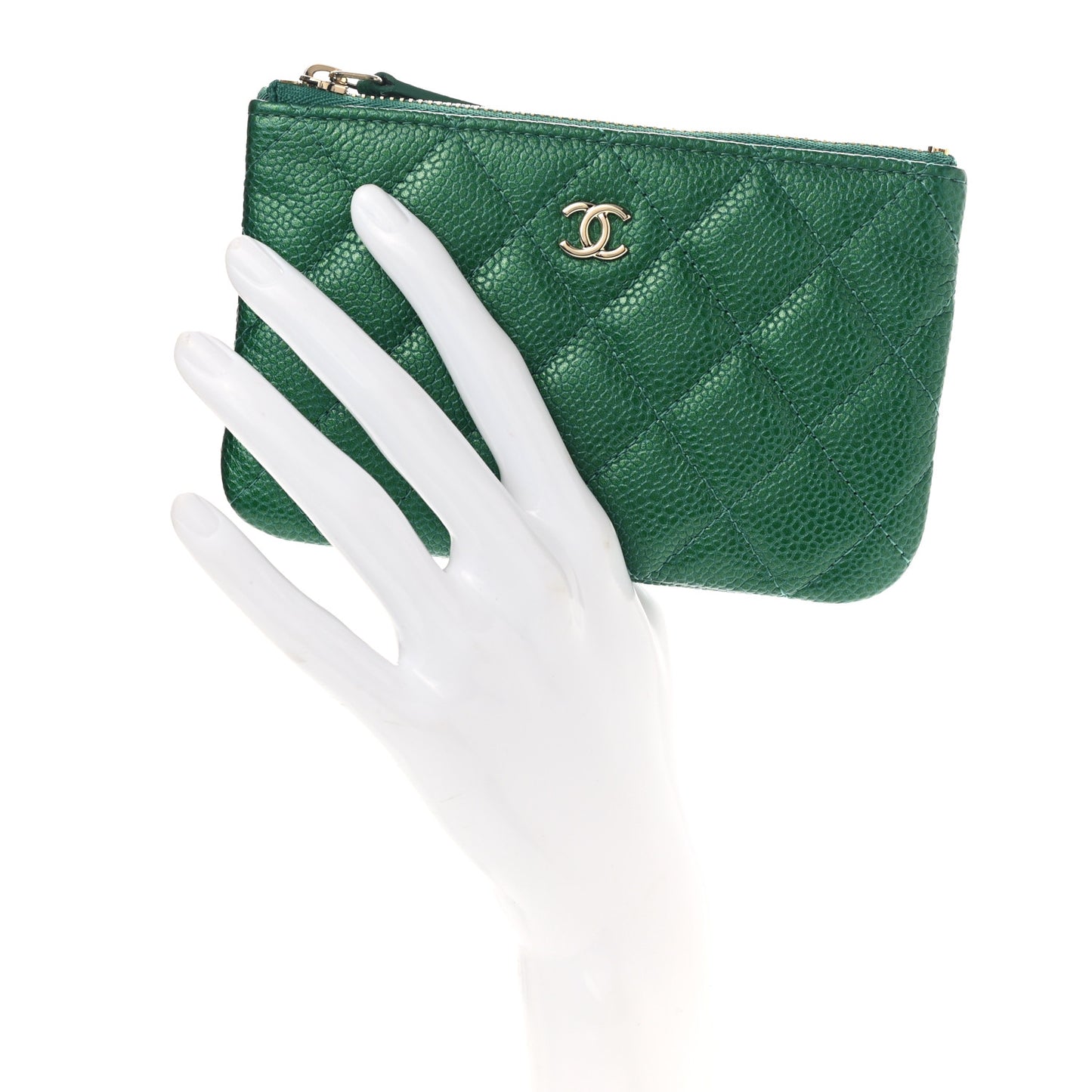 Metallic Caviar Quilted Small Cosmetic Case Green