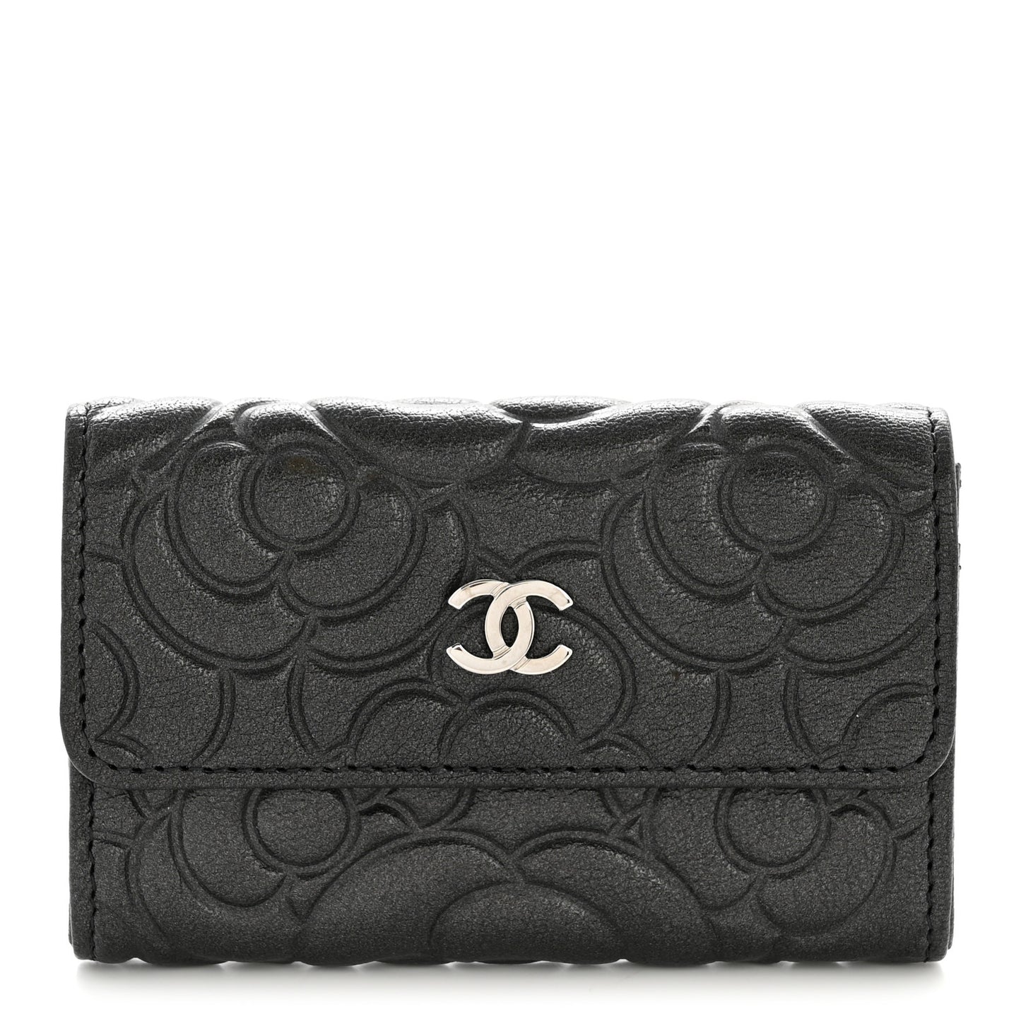 Goatskin Camellia Embossed Flap Card Holder Wallet Anthracite