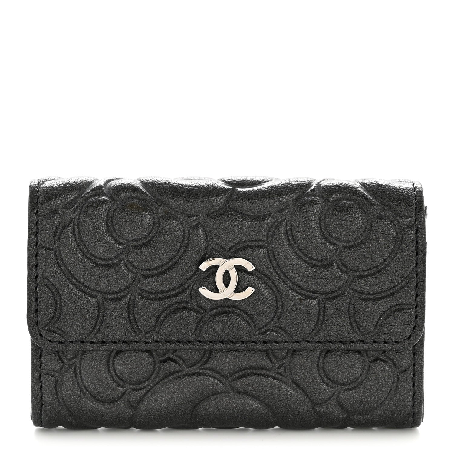 Chanel Goatskin Camellia Embossed Flap Card Holder Wallet Anthracite 1 of 9