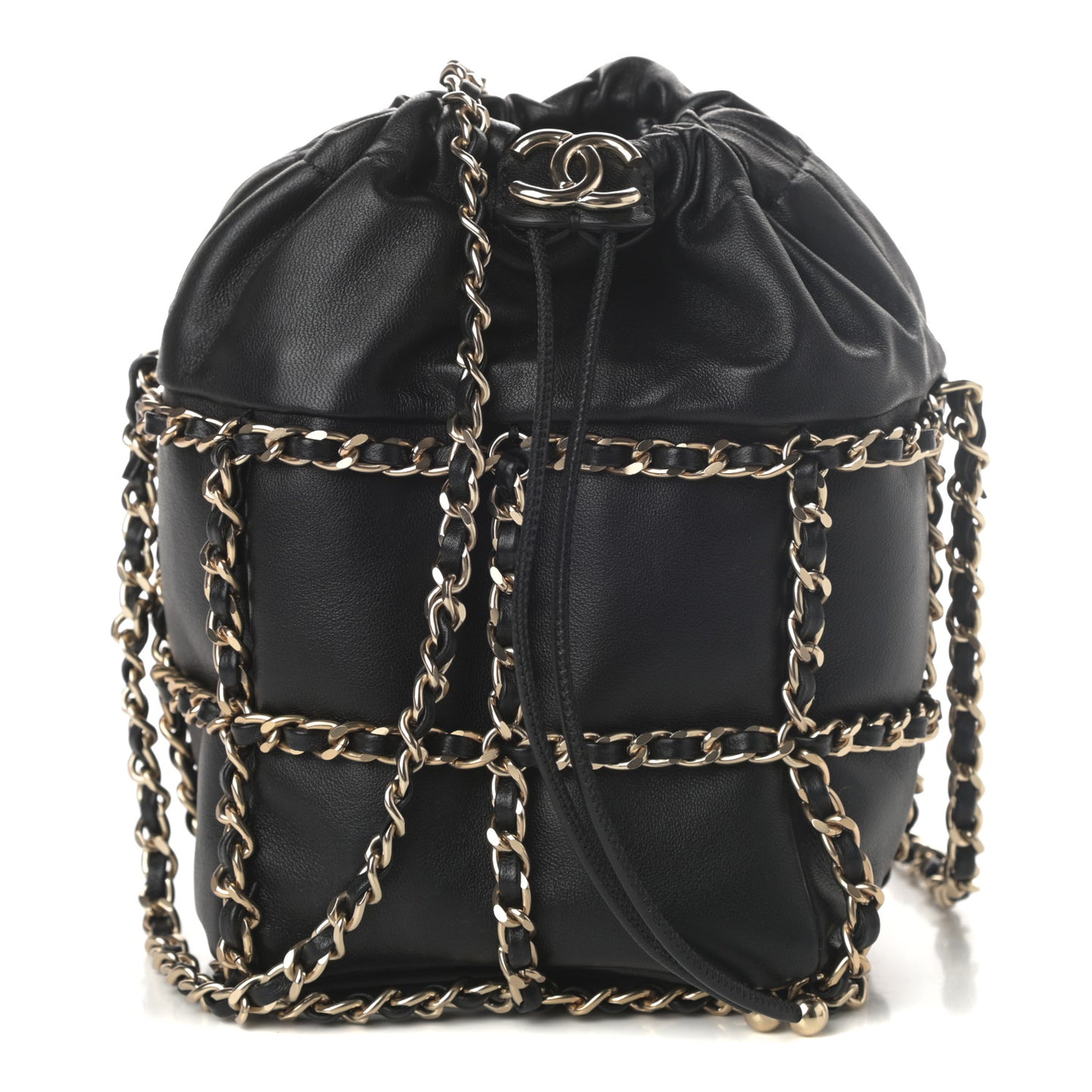 Lambskin Bucket Chain Drawstring Bag Black