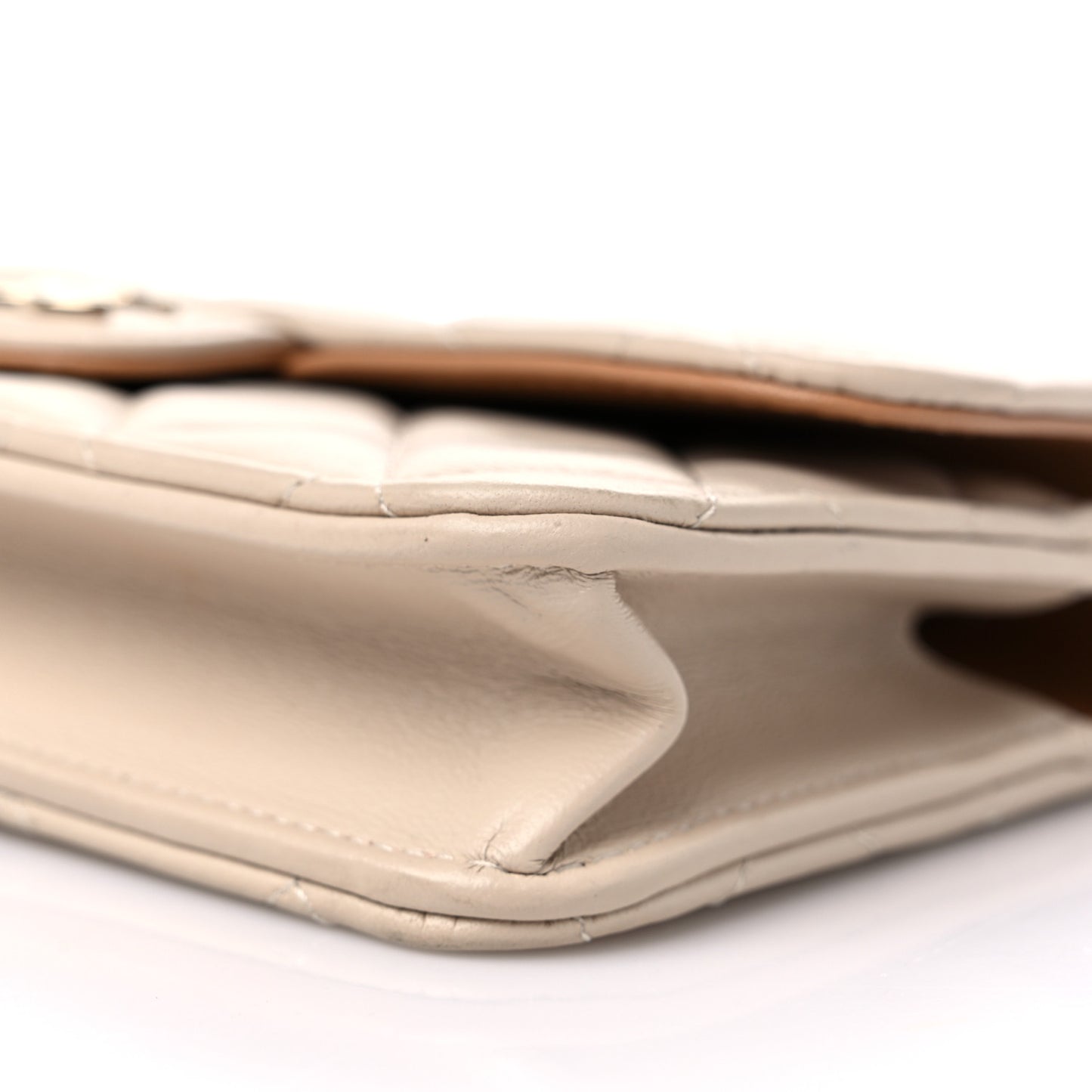 Lambskin Quilted Flap Phone Holder With Chain Beige Brown