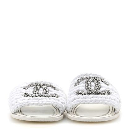 Chanel Raffia Crystal CC Mules Sandals 39 White 3 of 10