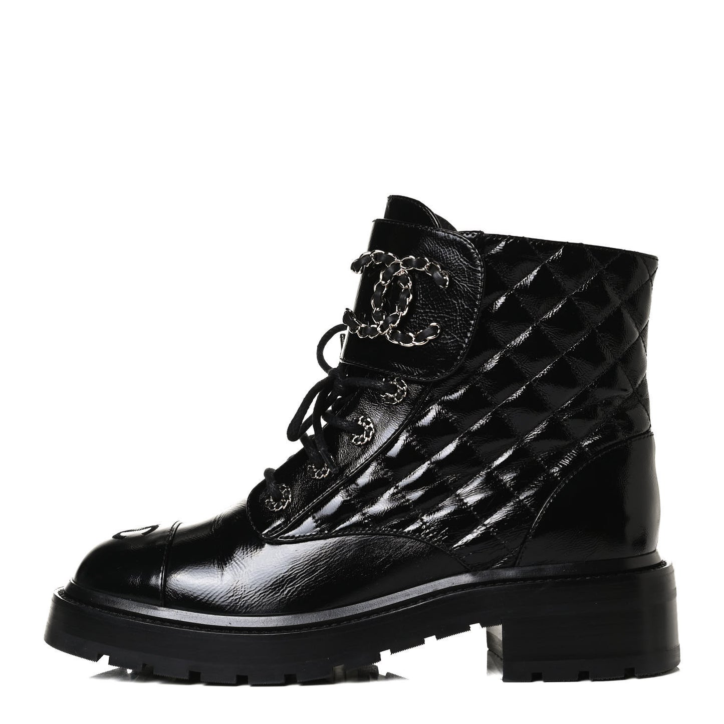 Shiny Calfskin Quilted Lace Up Combat Boots 38.5 Black