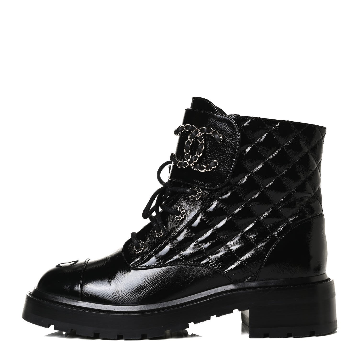 Chanel Shiny Calfskin Quilted Lace Up Combat Boots 38.5 Black 1 of 14