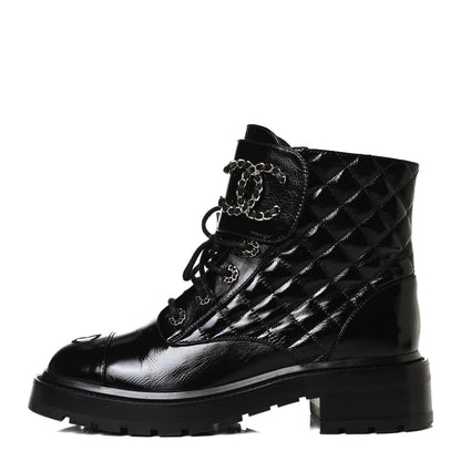 Chanel Shiny Calfskin Quilted Lace Up Combat Boots 38.5 Black 1 of 14