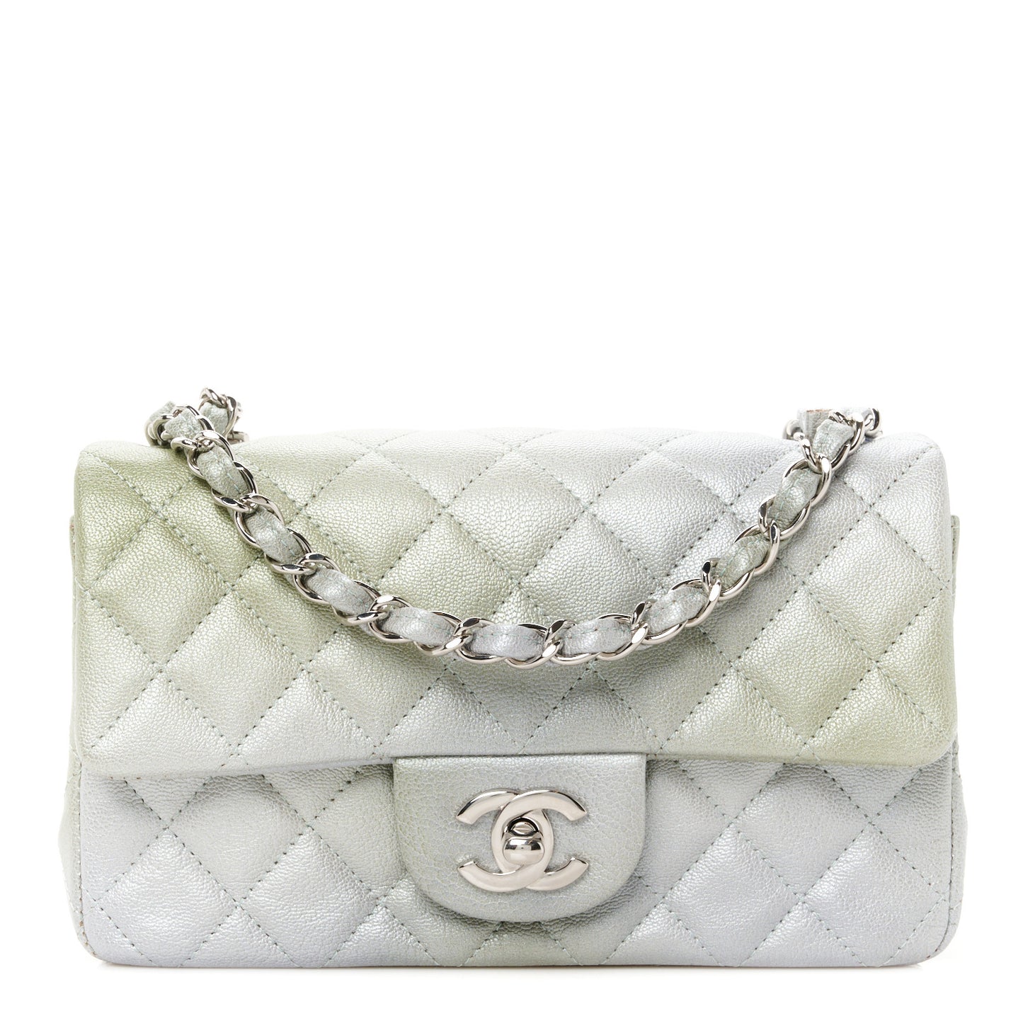 Metallic Goatskin Quilted Ombre Mini Rectangular Flap Grey Green