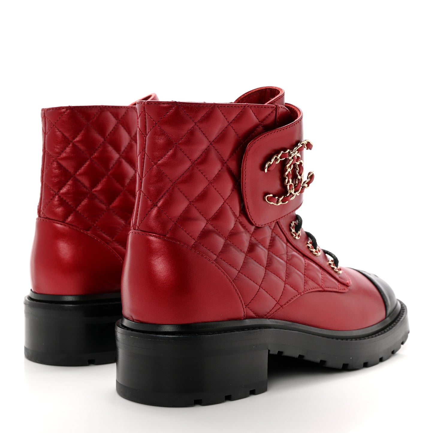 Shiny Lambskin Quilted Lace Up Combat Boots 40.5 Red